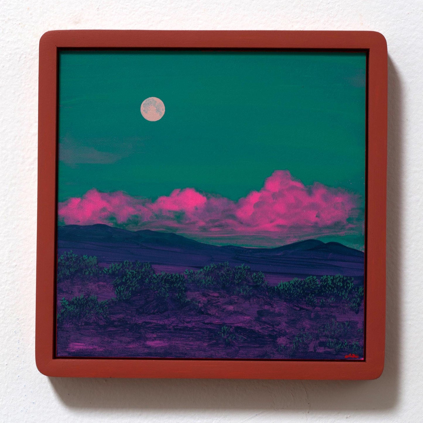 Atalaya w. Sun & Moon Mountains No.1 - 8" x 8", Original Southwestern Landscape Painting in Handmade Frame