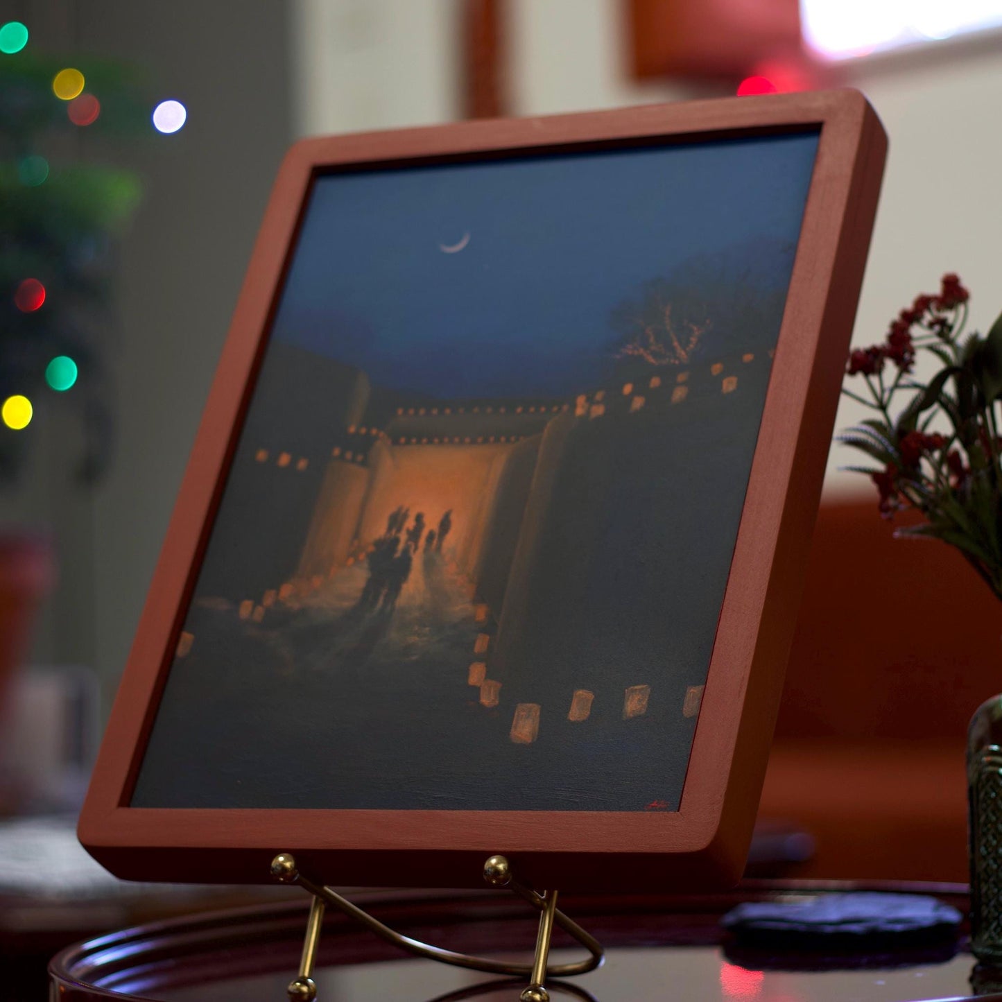 Canyon Road on Christmas Eve - 9" x 12"- Southwestern Oil Painting in Handmade Frame