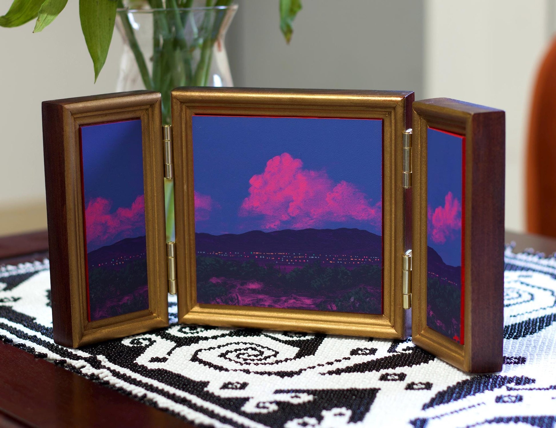 Retablo No.17 - Folding Triptych Oil Painting in Handmade Wooden Cabinet with Floral Motif