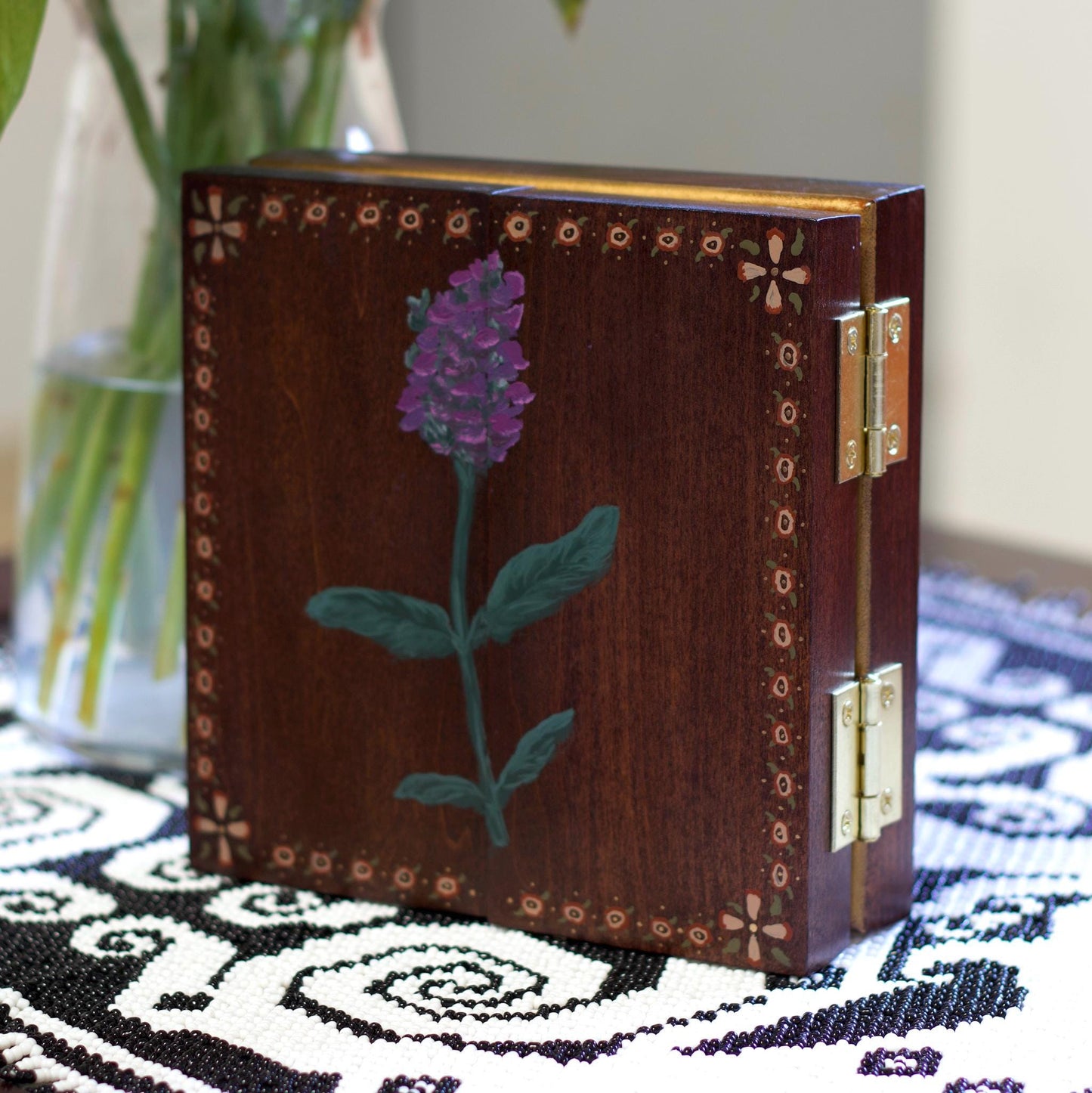 Retablo No.17 - Folding Triptych Oil Painting in Handmade Wooden Cabinet with Floral Motif