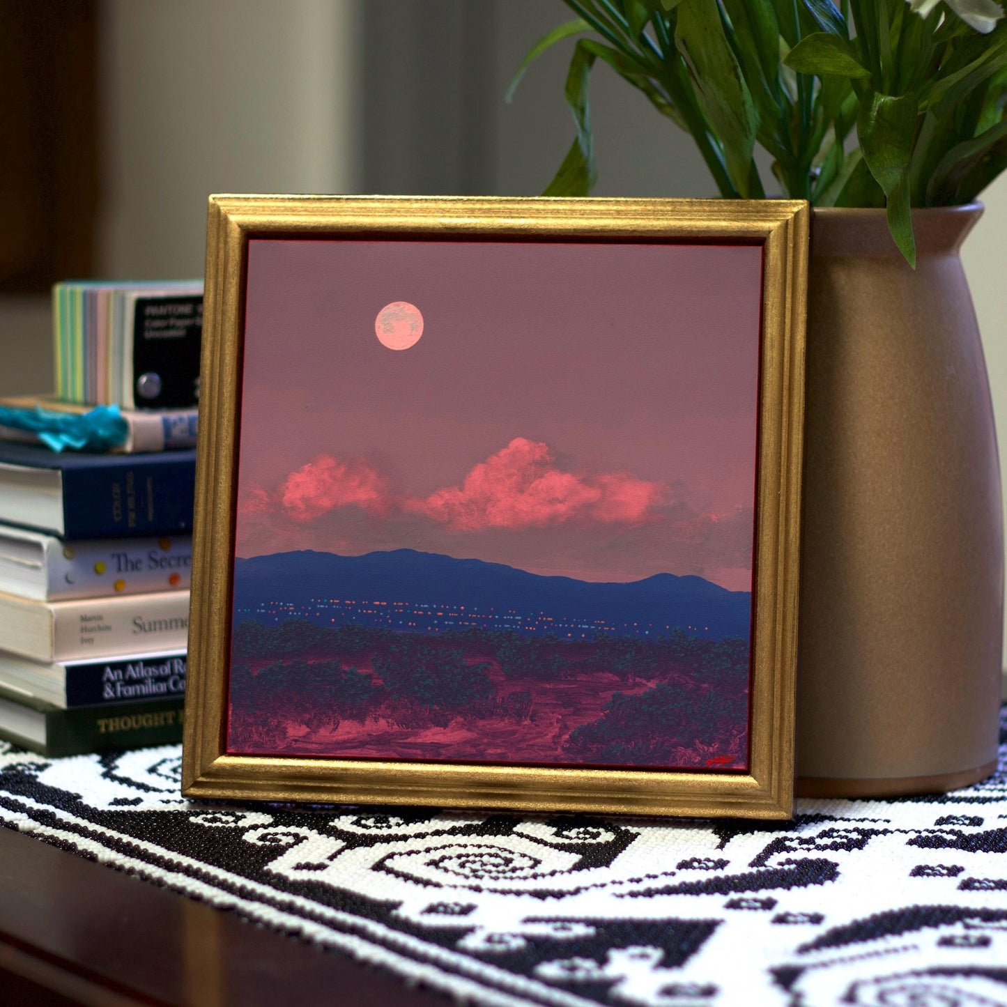 Santa Fe Nocturne Series 4, No.16 - 8" x 8"- Southwestern Oil Painting in Handmade Frame