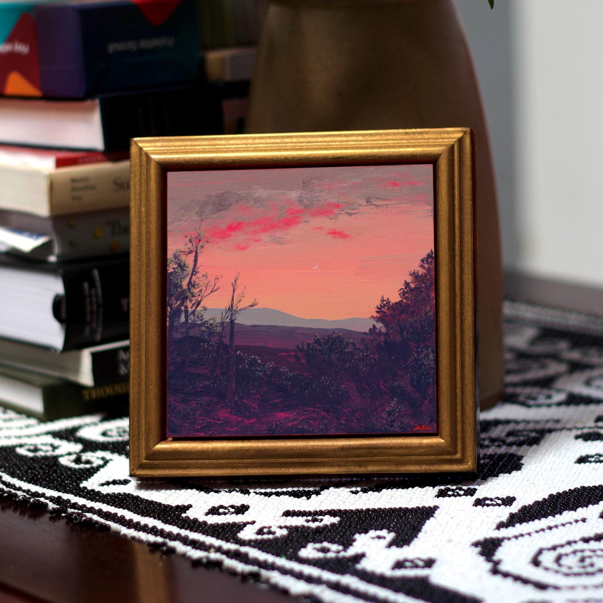 Big Tesuque Trail Miniature No.1 - 5" x 5", Original Southwestern Landscape Painting in Handmade Frame