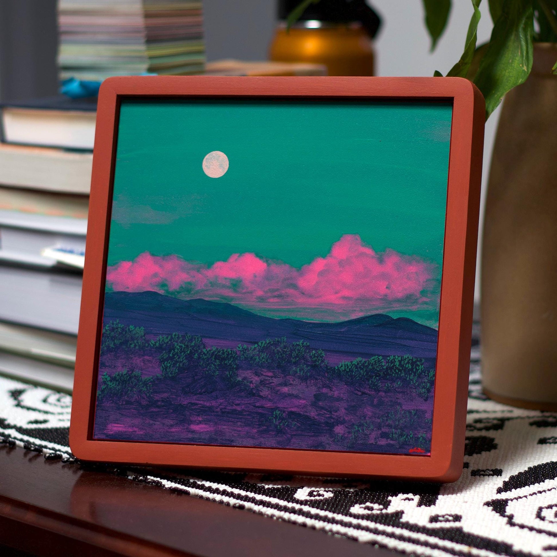 Atalaya w. Sun & Moon Mountains No.1 - 8" x 8", Original Southwestern Landscape Painting in Handmade Frame