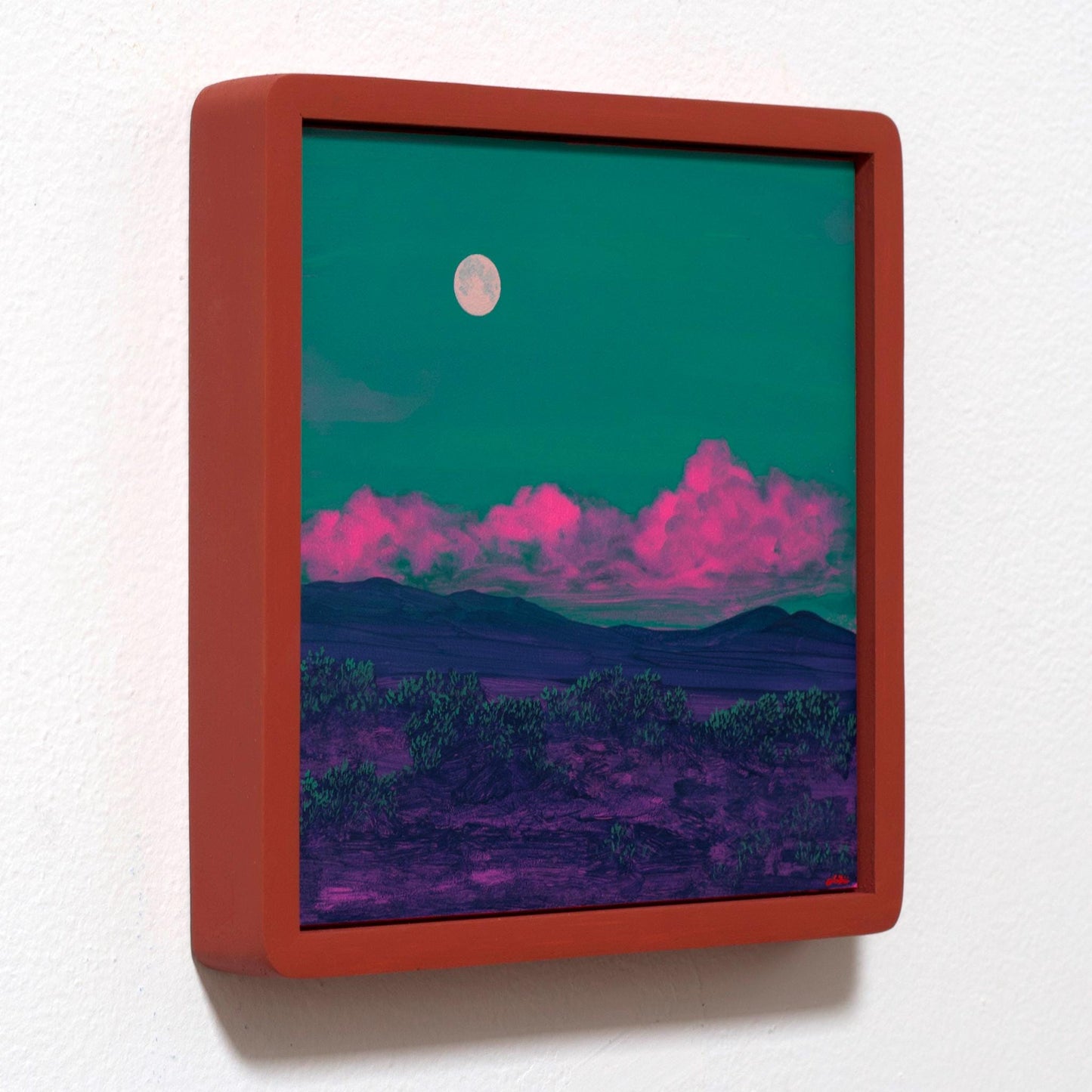 Atalaya w. Sun & Moon Mountains No.1 - 8" x 8", Original Southwestern Landscape Painting in Handmade Frame