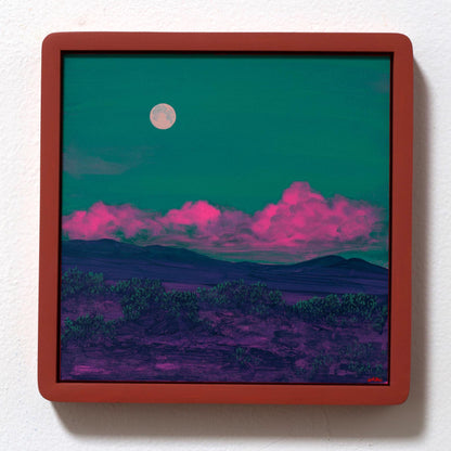 Atalaya w. Sun & Moon Mountains No.1 - 8" x 8", Original Southwestern Landscape Painting in Handmade Frame