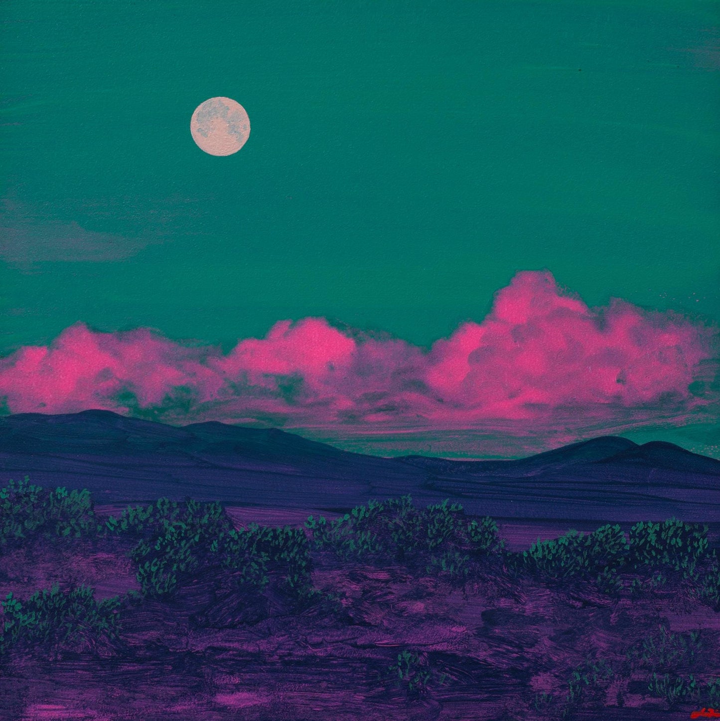 Atalaya w. Sun & Moon Mountains No.1 - 8" x 8", Original Southwestern Landscape Painting in Handmade Frame