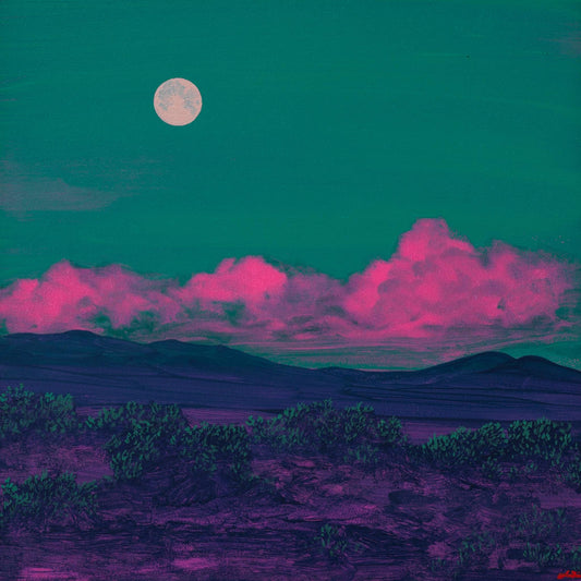 Atalaya w. Sun & Moon Mountains No.1 - 8" x 8", Original Southwestern Landscape Painting in Handmade Frame