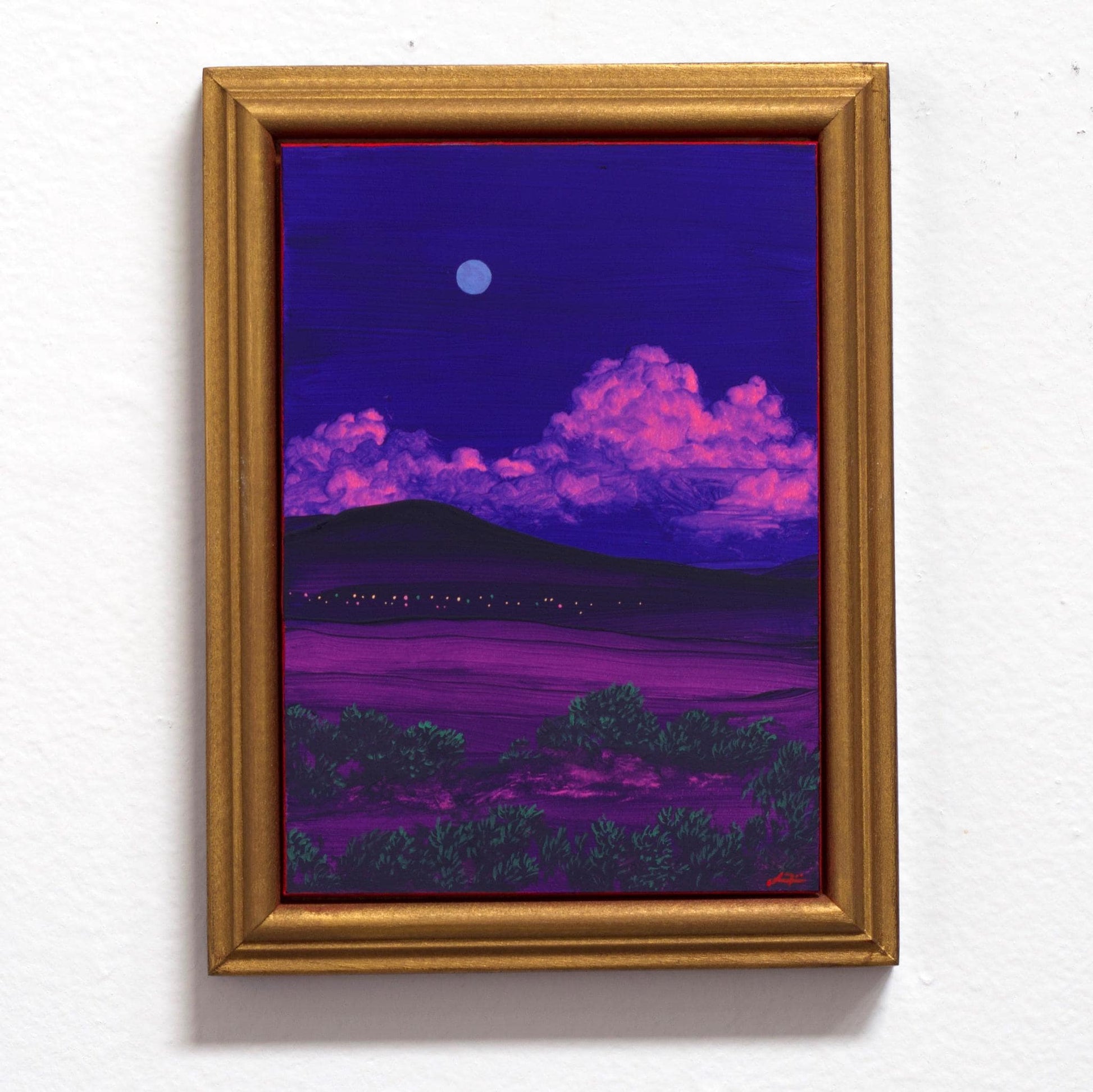 Santa Fe Nocturne Miniature No.8 - 5" x 7", Original Southwestern Landscape Painting in Handmade Frame