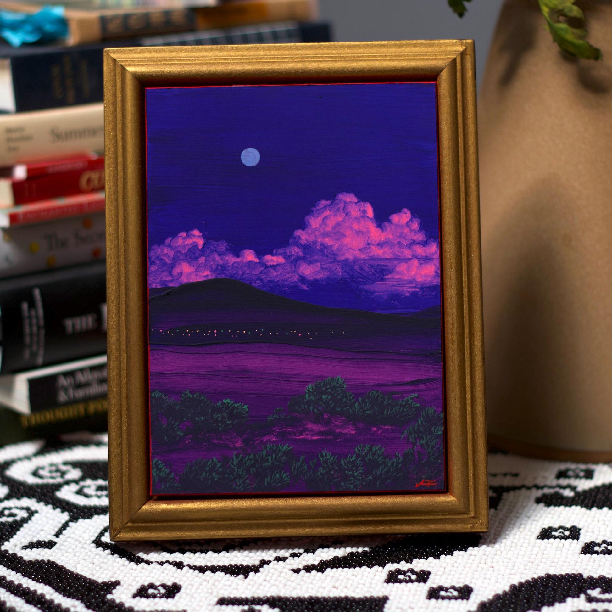 Santa Fe Nocturne Miniature No.8 - 5" x 7", Original Southwestern Landscape Painting in Handmade Frame