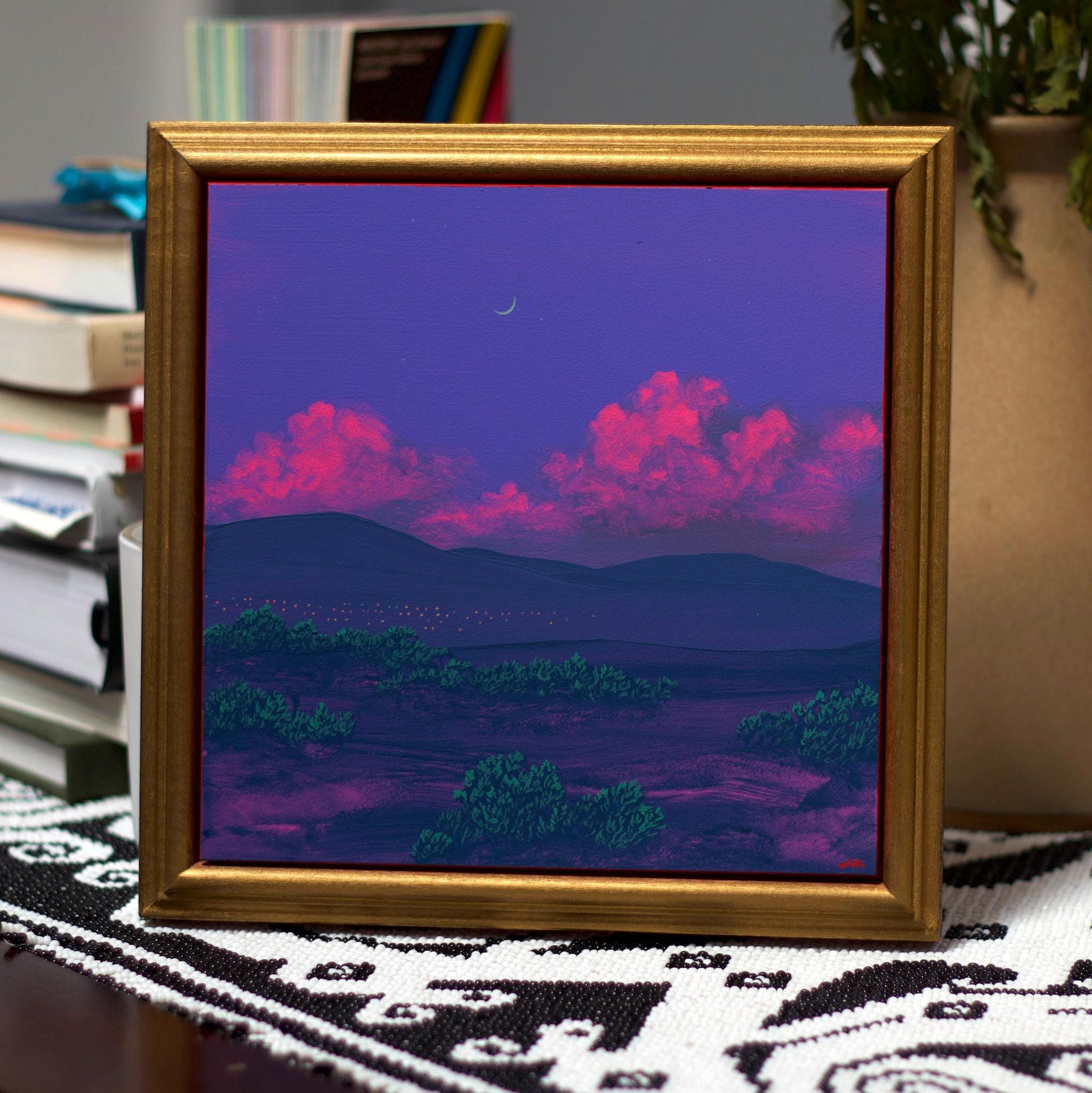 Santa Fe Nocturne Series 5, No.5 - 8" x 8"- Southwestern Oil Painting in Handmade Frame
