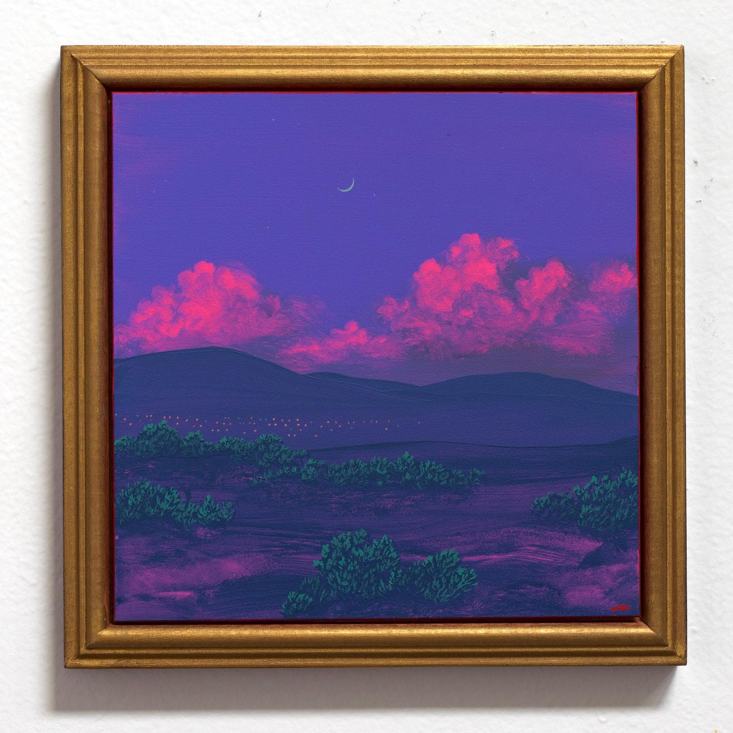 Santa Fe Nocturne Series 5, No.5 - 8" x 8"- Southwestern Oil Painting in Handmade Frame