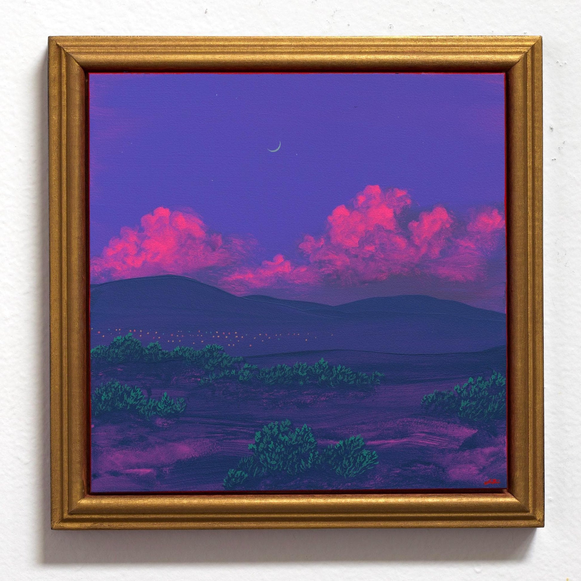 Santa Fe Nocturne Series 5, No.5 - 8" x 8"- Southwestern Oil Painting in Handmade Frame
