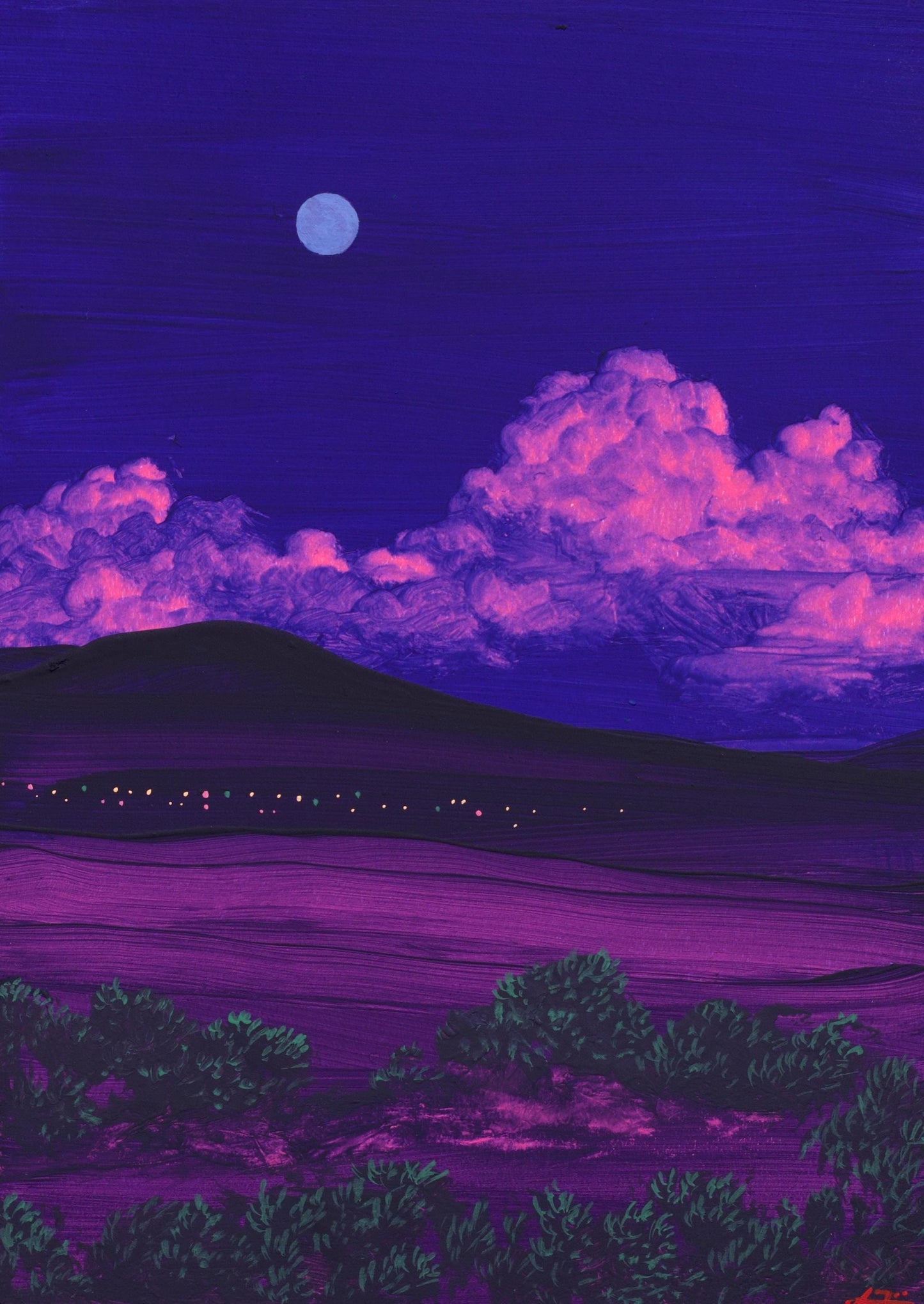 Santa Fe Nocturne Miniature No.8 - 5" x 7", Original Southwestern Landscape Painting in Handmade Frame