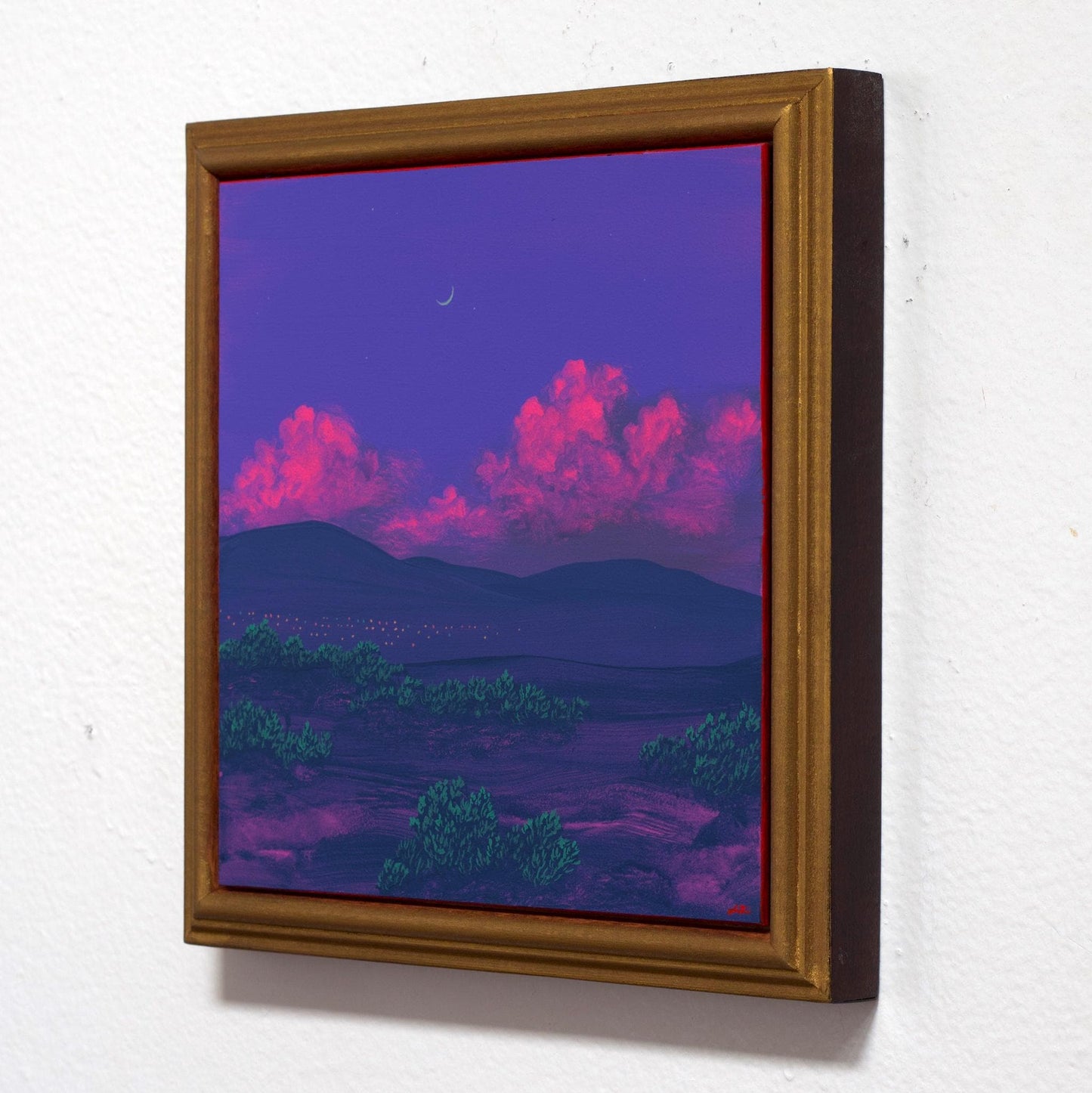 Santa Fe Nocturne Series 5, No.5 - 8" x 8"- Southwestern Oil Painting in Handmade Frame