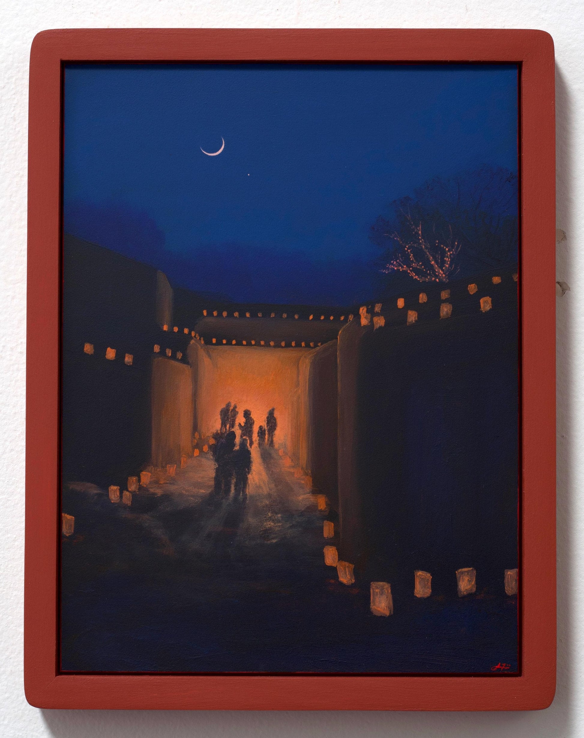 Canyon Road on Christmas Eve - 9" x 12"- Southwestern Oil Painting in Handmade Frame