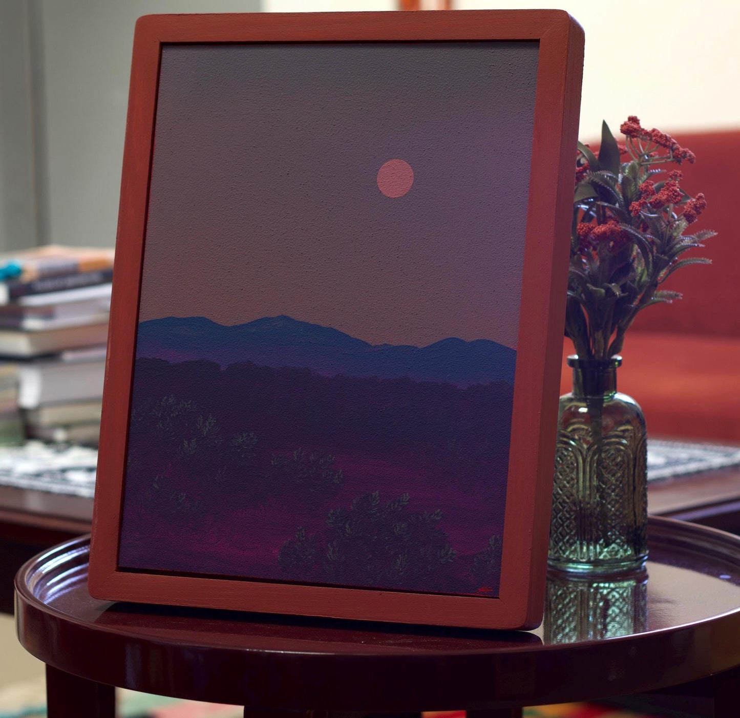 Atalaya w. Sun & Moon No.3 - 11" x 14", Original Southwestern Landscape Painting in Handmade Frame