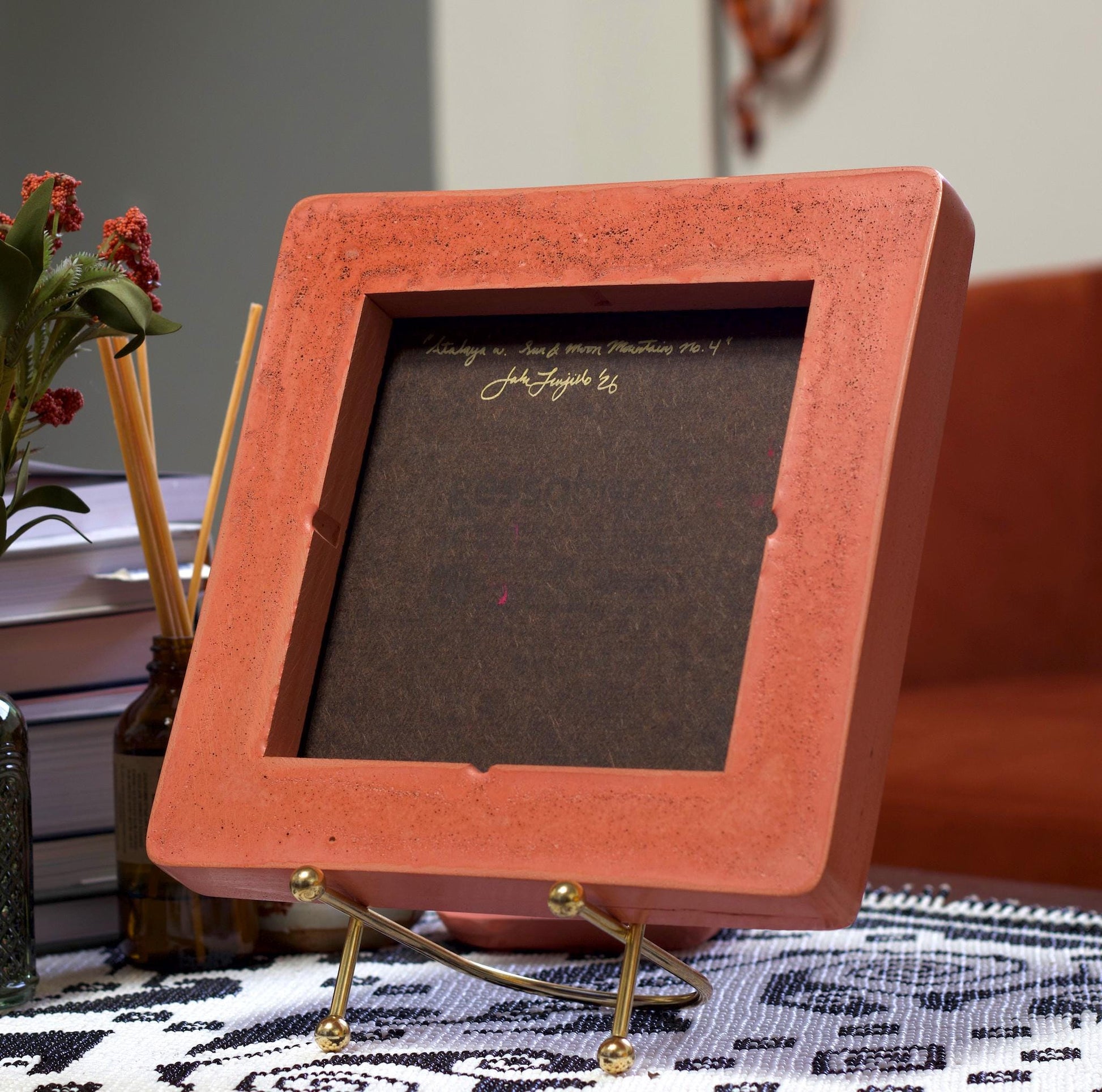 Atalaya w. Sun & Moon Mountains No.4 - 8" x 8", Original Southwestern Landscape Painting in Handmade Frame