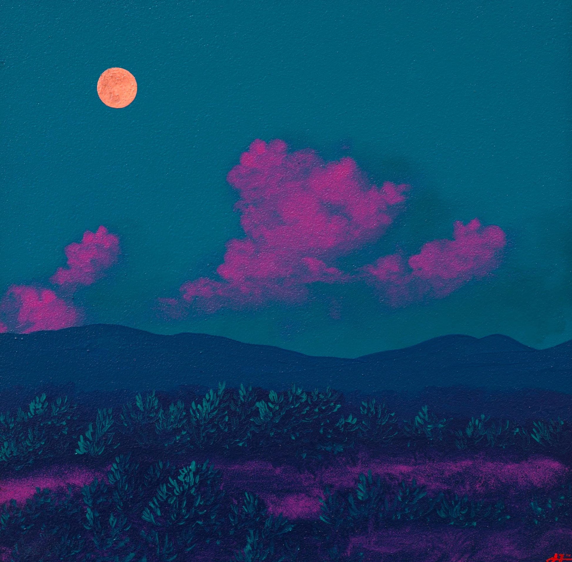 Atalaya w. Sun & Moon Mountains No.4 - 8" x 8", Original Southwestern Landscape Painting in Handmade Frame