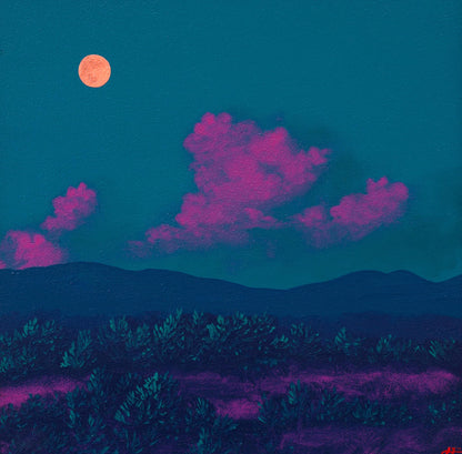 Atalaya w. Sun & Moon Mountains No.4 - 8" x 8", Original Southwestern Landscape Painting in Handmade Frame