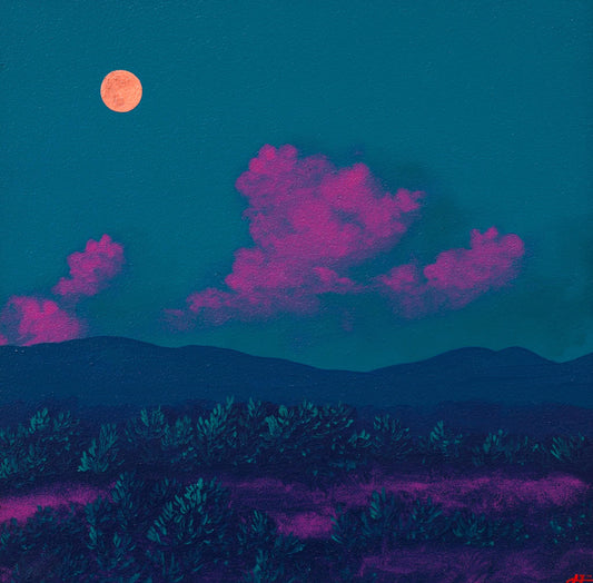 Atalaya w. Sun & Moon Mountains No.4 - 8" x 8", Original Southwestern Landscape Painting in Handmade Frame