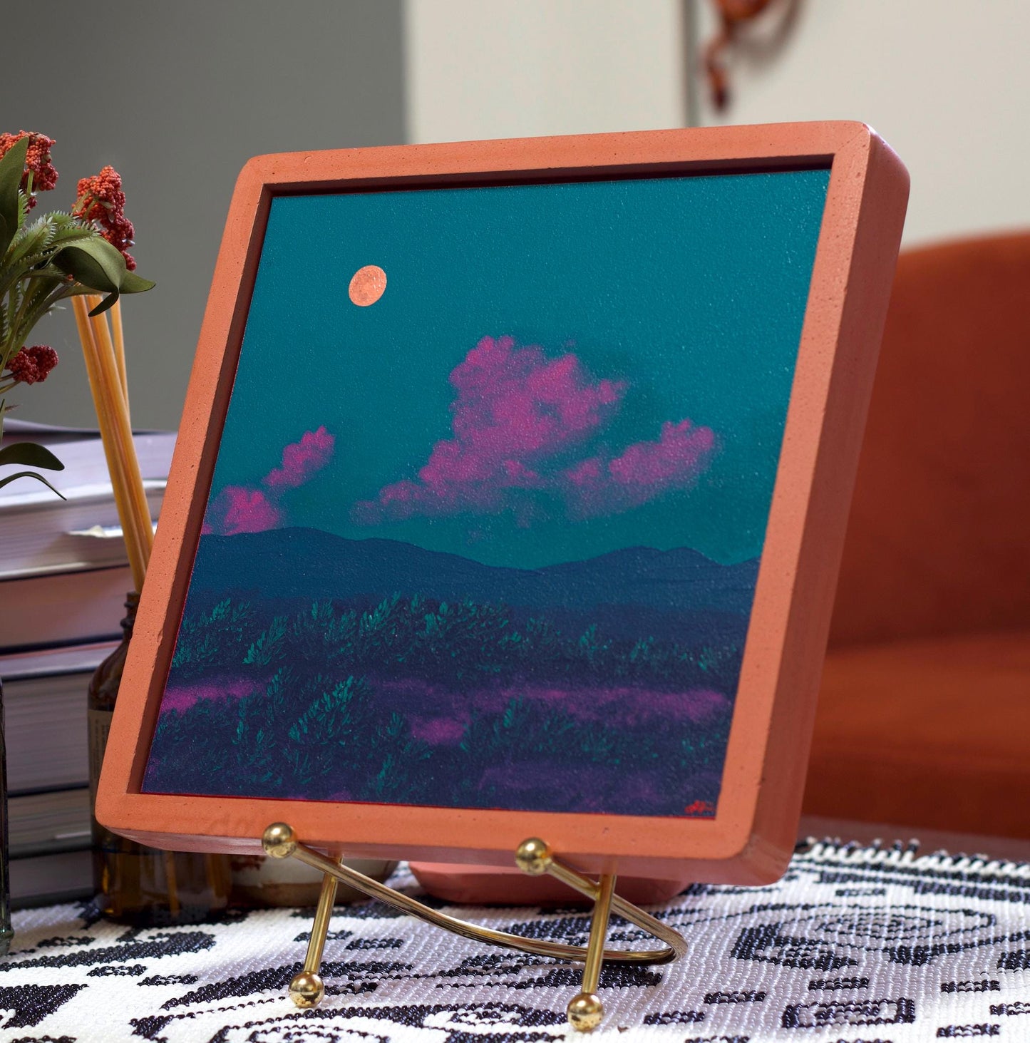 Atalaya w. Sun & Moon Mountains No.4 - 8" x 8", Original Southwestern Landscape Painting in Handmade Frame