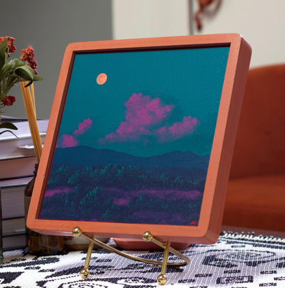 Atalaya w. Sun & Moon Mountains No.4 - 8" x 8", Original Southwestern Landscape Painting in Handmade Frame