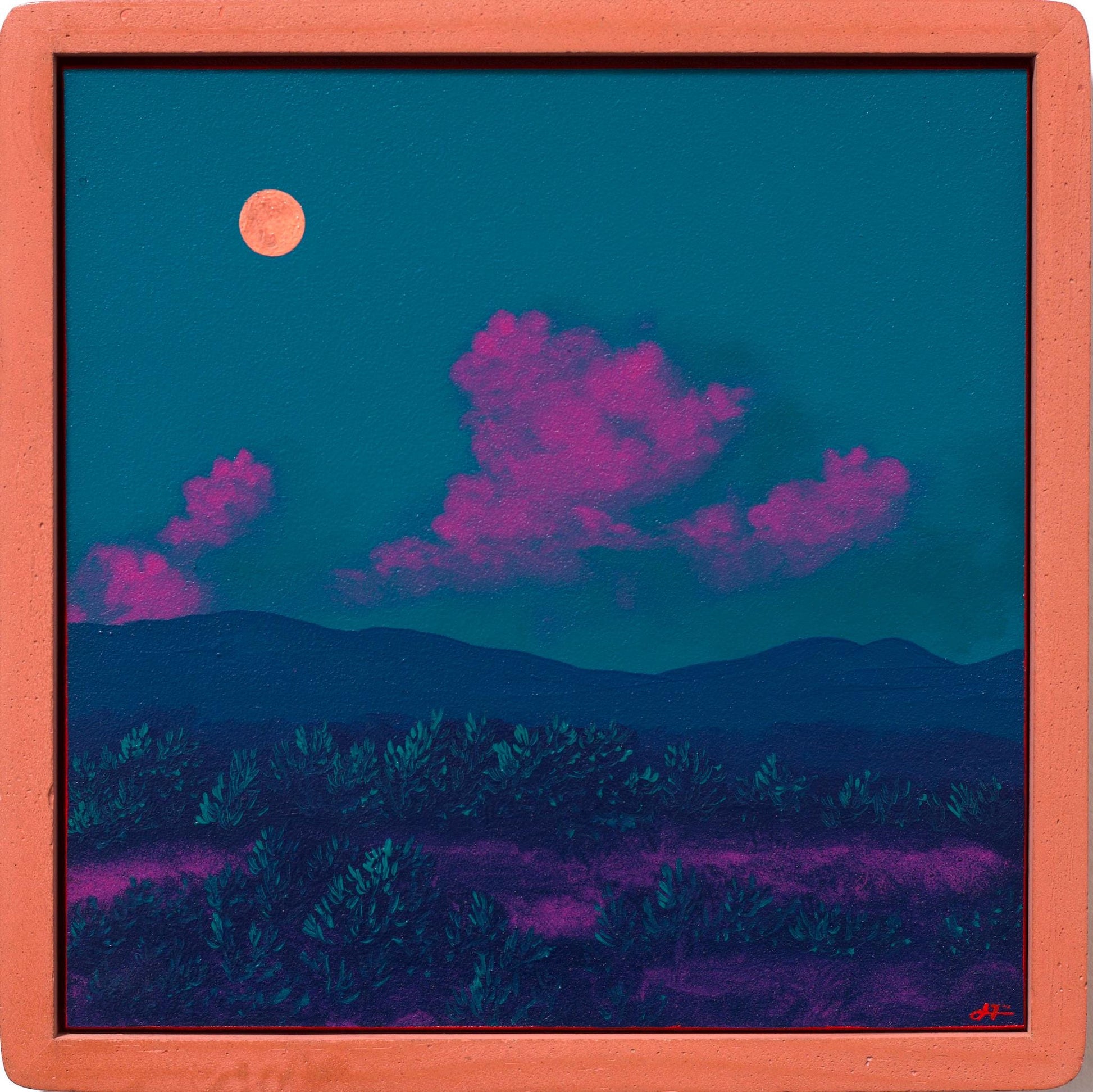 Atalaya w. Sun & Moon Mountains No.4 - 8" x 8", Original Southwestern Landscape Painting in Handmade Frame