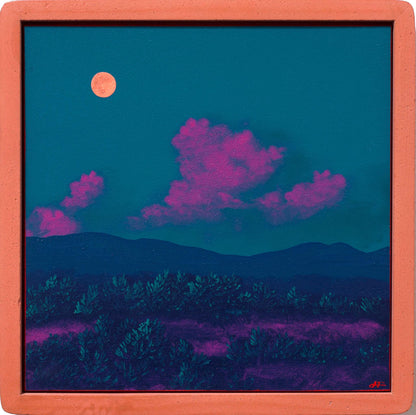 Atalaya w. Sun & Moon Mountains No.4 - 8" x 8", Original Southwestern Landscape Painting in Handmade Frame