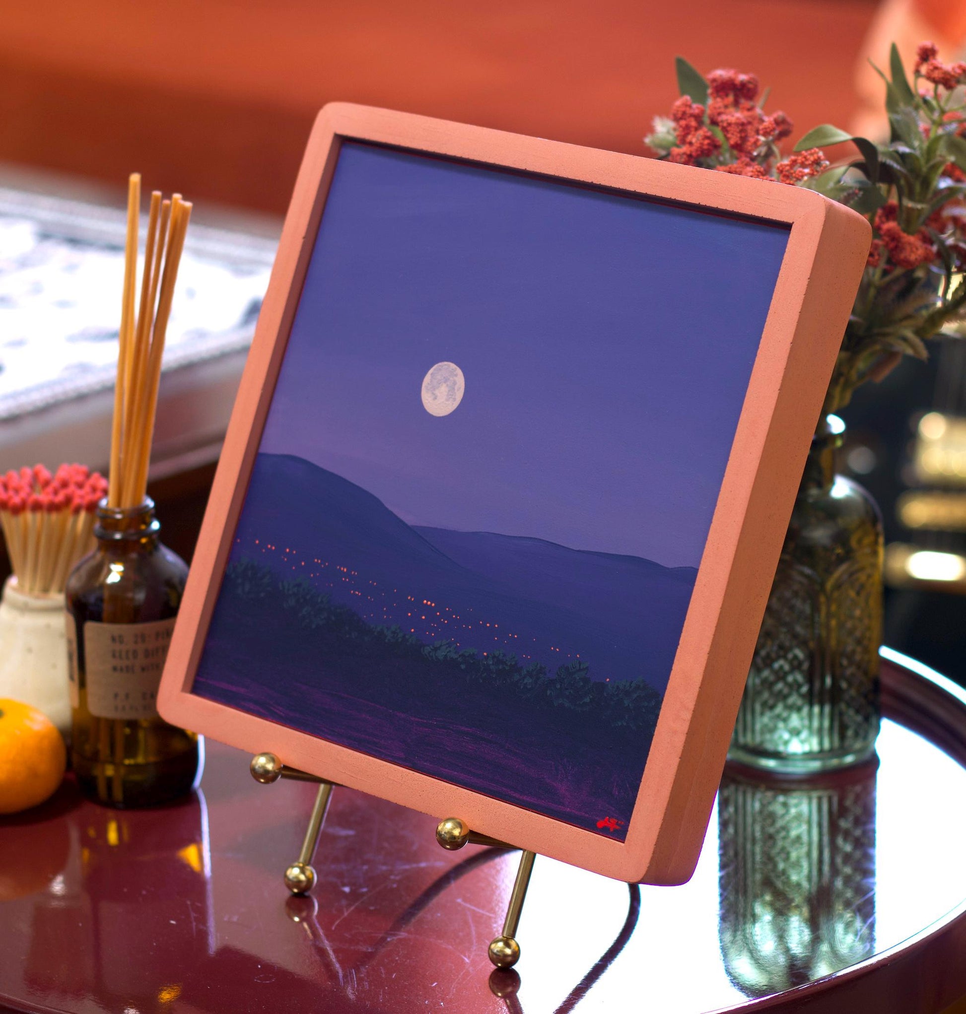 Santa Fe Nocturne III, April 2026 - 8" x 8", Original Southwestern Landscape Painting in Handmade Frame