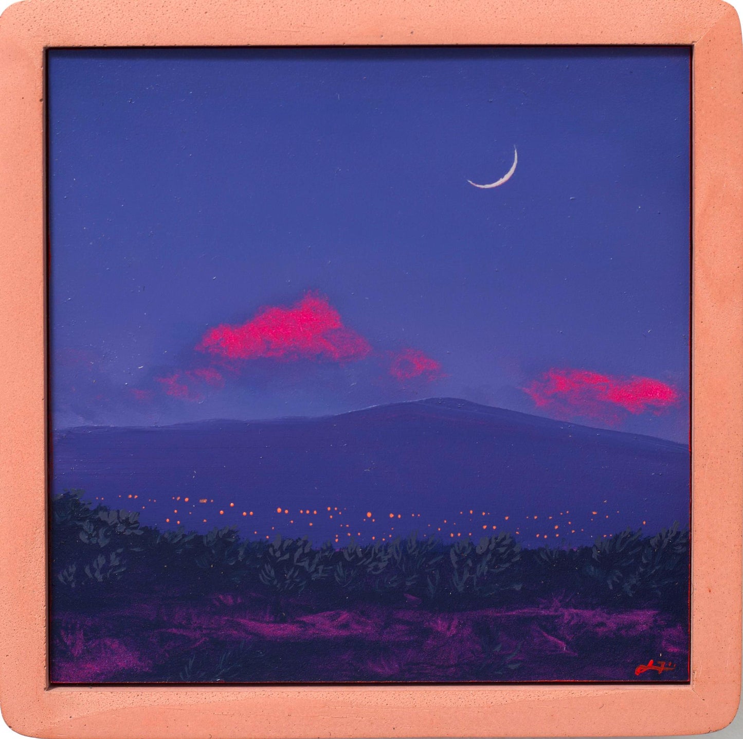 Santa Fe Nocturne Miniature, April 2026 - 6" x 6" Southwest Landscape Painting in Handmade Frame