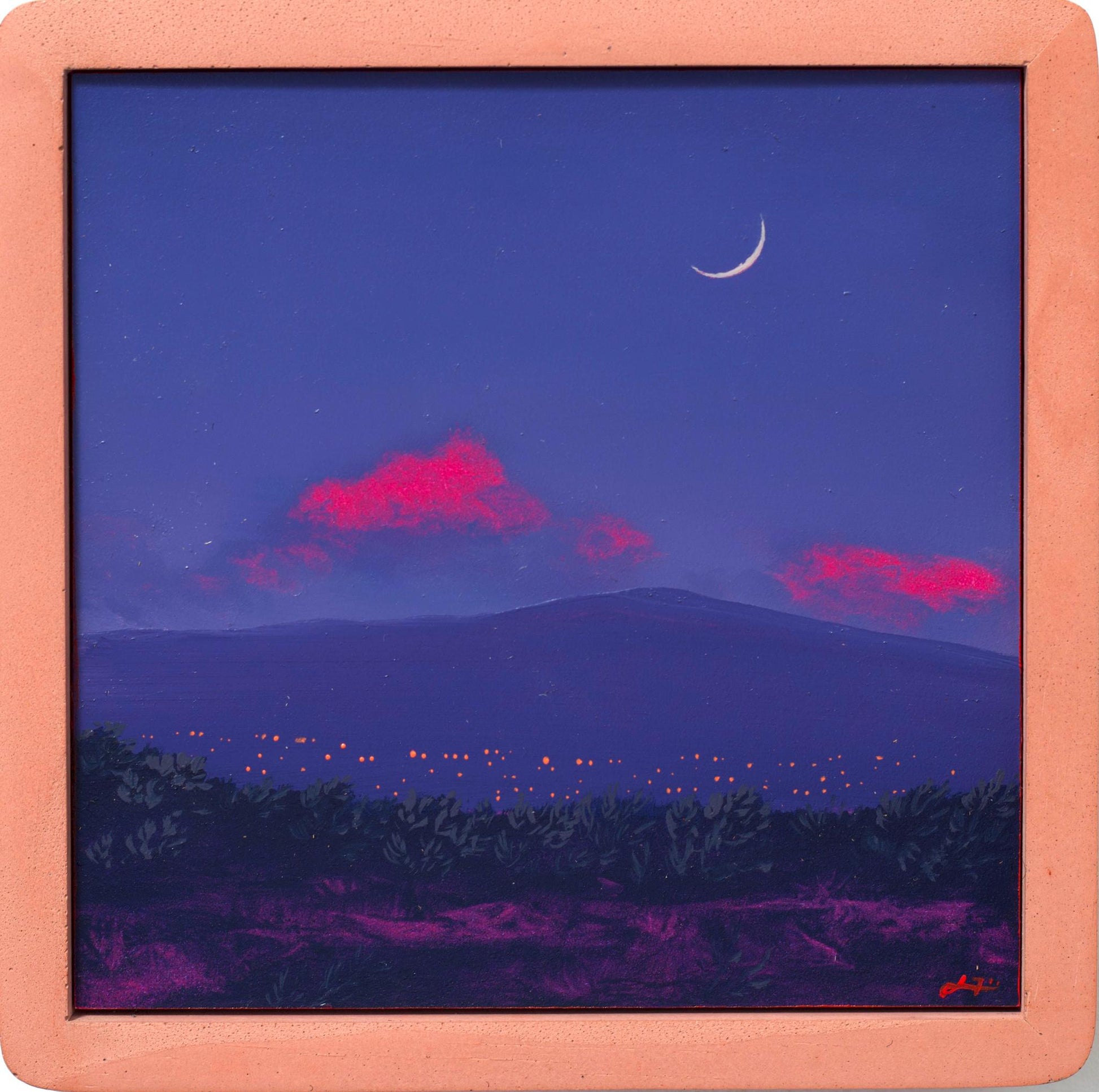 Santa Fe Nocturne Miniature, April 2026 - 6" x 6" Southwest Landscape Painting in Handmade Frame