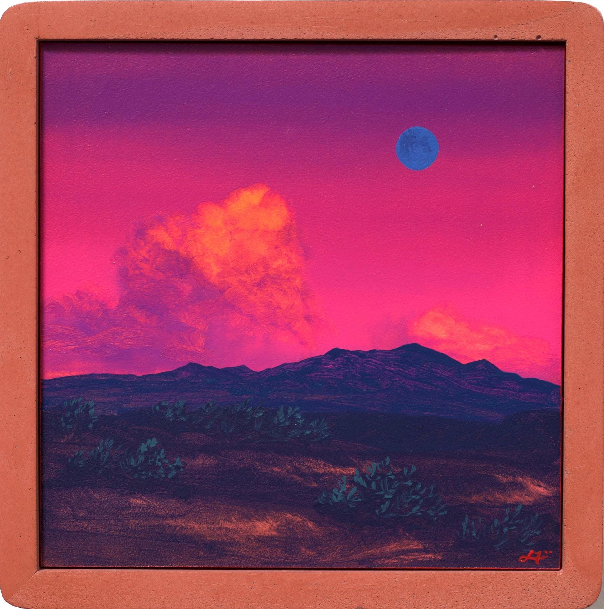 Ortiz Mountains Miniature, April 2026 - 6" x 6" Southwest Landscape Painting in Handmade Frame