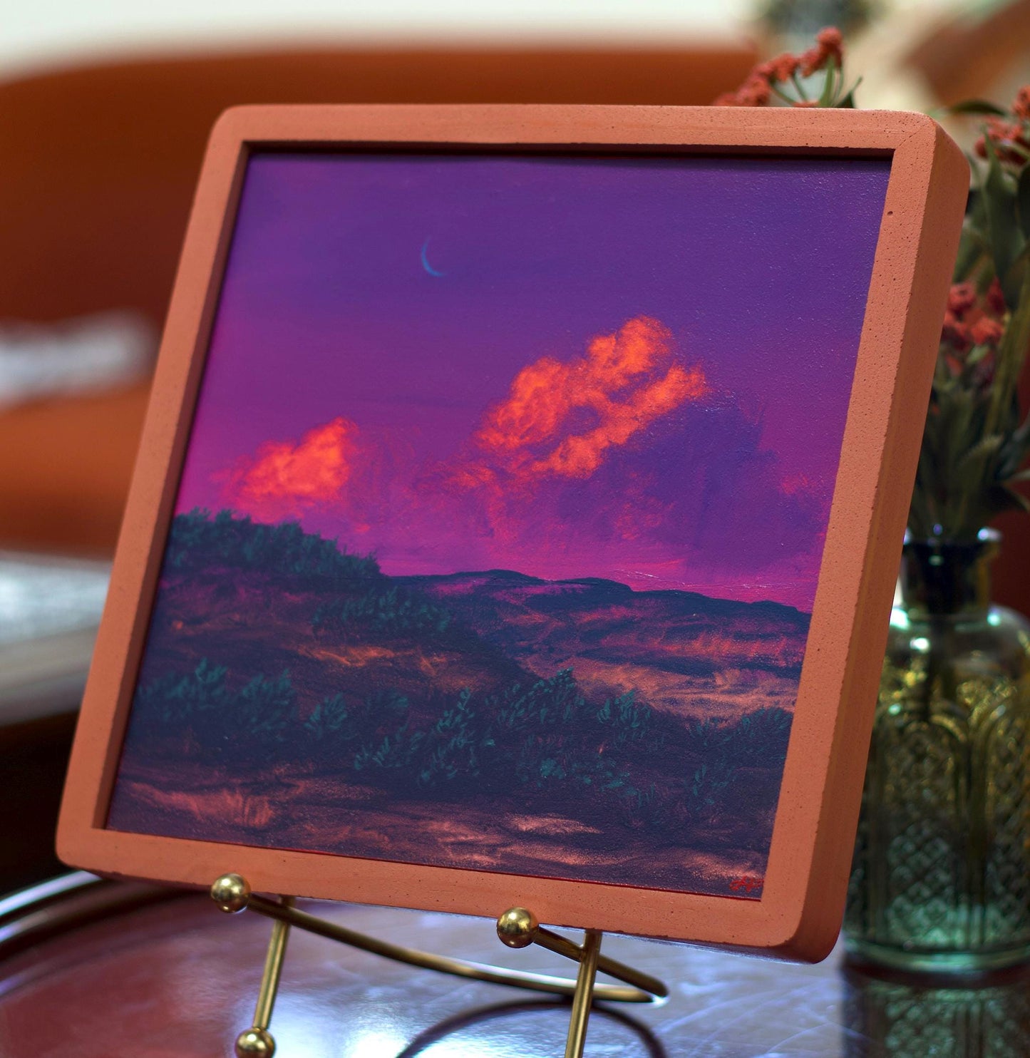 Chimayó NM, April 2026 - 8" x 8", Original Southwestern Landscape Painting in Handmade Frame