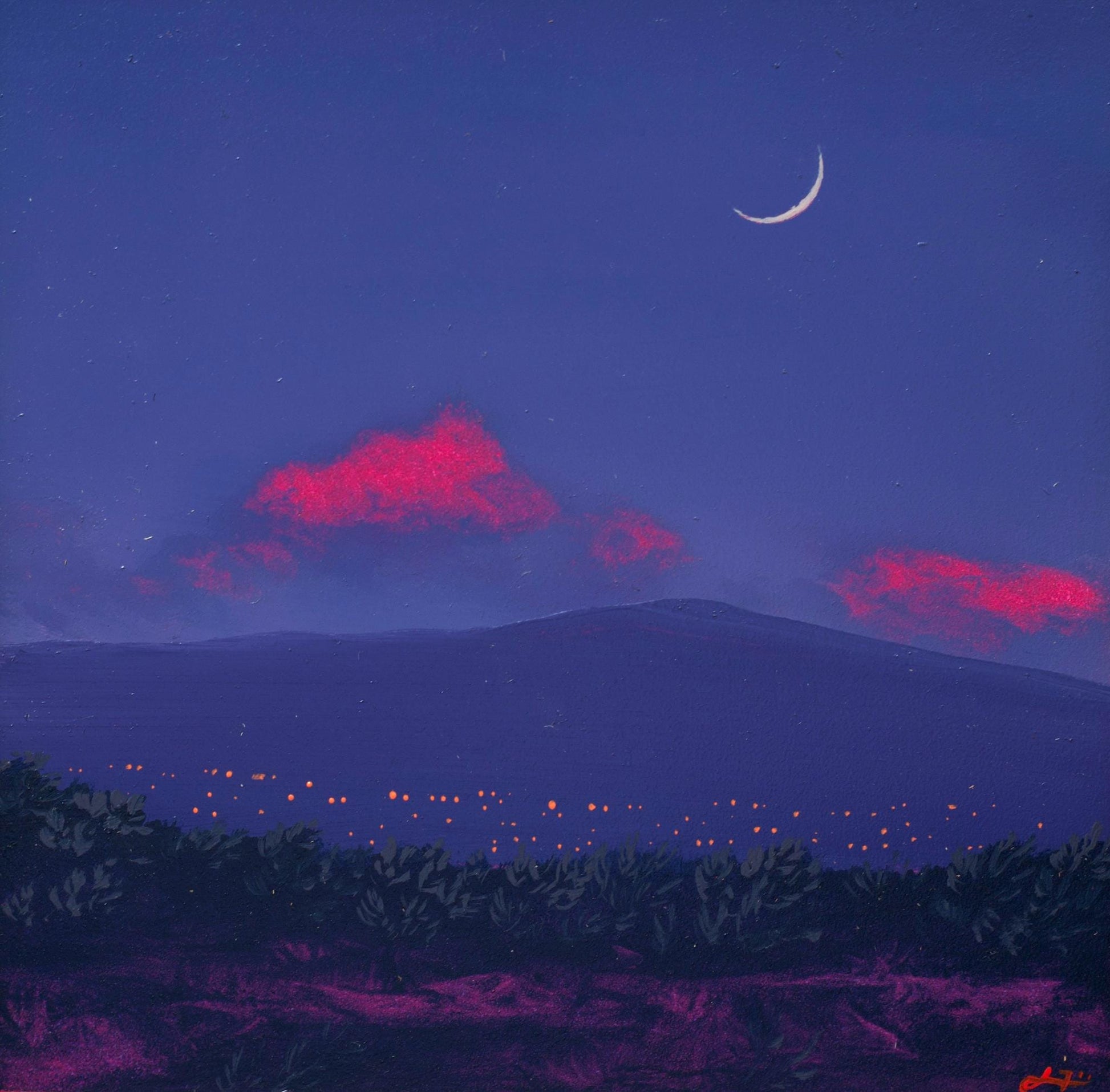 Santa Fe Nocturne Miniature, April 2026 - 6" x 6" Southwest Landscape Painting in Handmade Frame