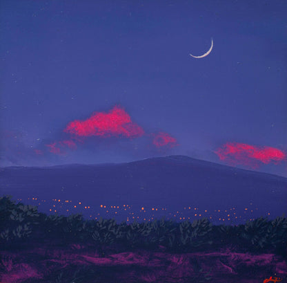 Santa Fe Nocturne Miniature, April 2026 - 6" x 6" Southwest Landscape Painting in Handmade Frame