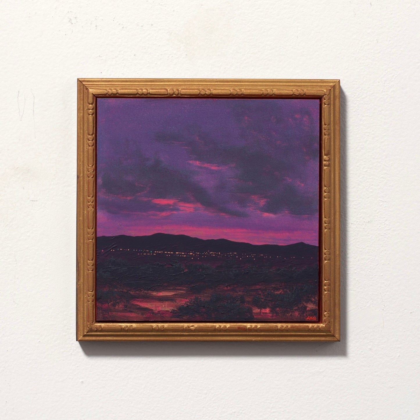 Santa Fe Nocturne Series 04, No.01 - Original Southwest Landscape Oil Painting - 8 x 8 inches in handmade frame