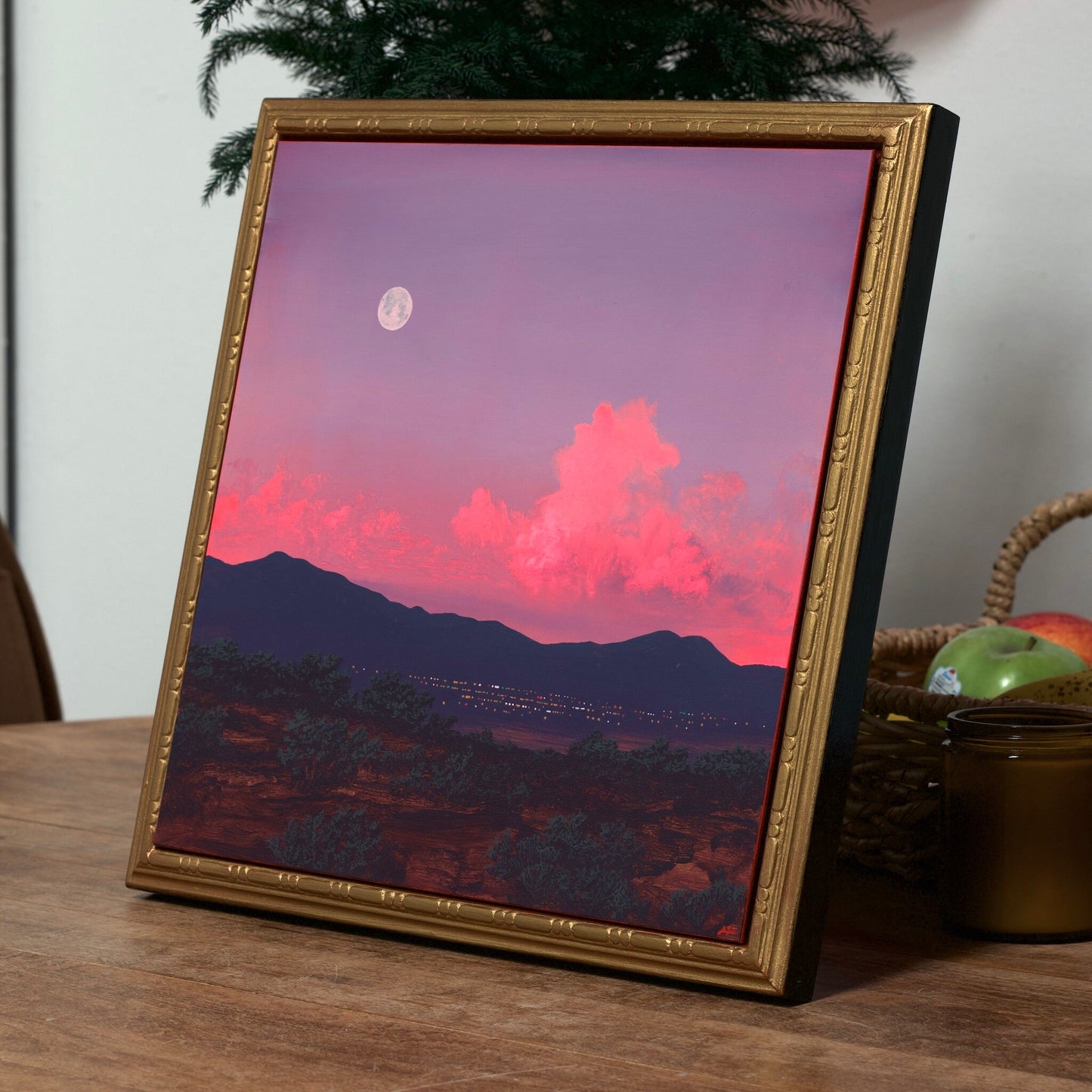 Santa Fe Nocturne Series 4, No.5 - Original Southwest Oil Painting, Handmade Frame - 12" x 12"